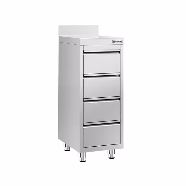 Bänkhurts i rostfritt stål PREMIUM - med 4 lådor och bakkant - 400x600 mm