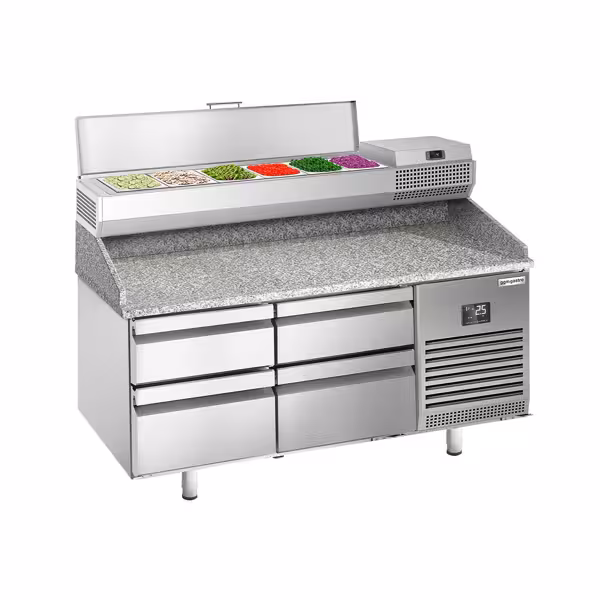Table réfrigérée à pizza Premium PLUS - 1490x700 mm - avec 4 tiroirs - incl. vitrine réfrigérée - 6x GN 1/4
