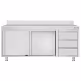 Mesa armario inox ECO - 2000x600mm - con puertas correderas & con peto - con 3 cajones derecha - con estante intermedio