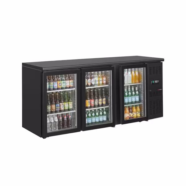 Commercial Back Bar Bottle Cooler ECO - 2002x513mm - 386L - with 3 Hinged Glass Doors, digital thermostat, fan-assisted cooling, auto defrost, locks, adjustable feet - Black
