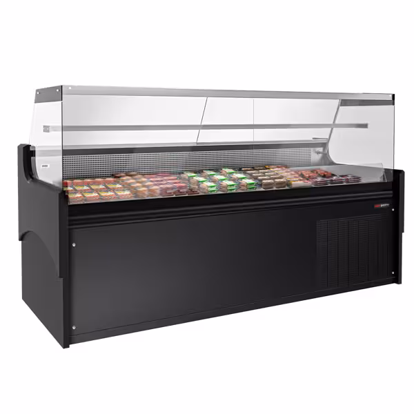 Banco gastronomia professionale / Banco Macelleria  - 2480x975mm - Ventilata - 200 L - Vetro dritto - Colore Nero - con 2 porte scorrevoli - piano di lavoro in granito