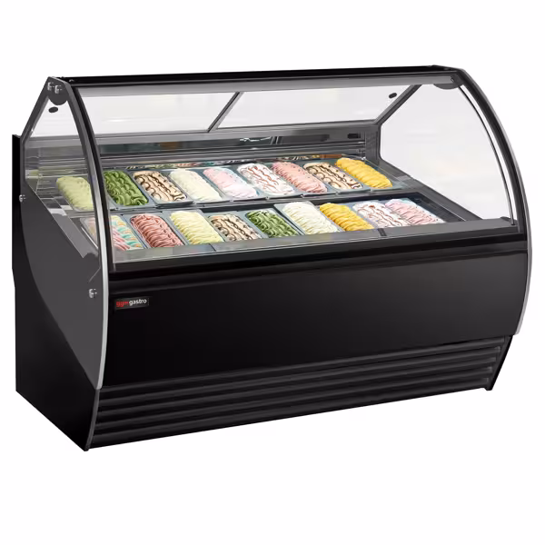 Vetrina Gelato NOLAN - 1736mm - Refrigerazione ventilata - con Illuminazione LED - per 18x Vasca da gelato da 5 Litri - Sbrinamento automatico - Nero