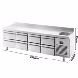 Mostrador refrigerado PREMIUM PLUS - 2452x600mm - de trabajo con fregadero - 8 cajones (bloque 8x1/2) - encimera con alzada - 510l