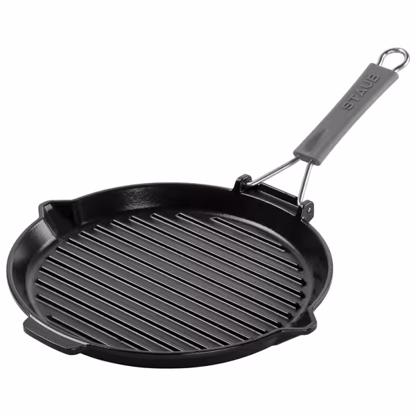 STAUB | Pure Grill Round Cast Iron Grill Pan – Ø28 cm - Black - Spout & Folding Silicone Handle