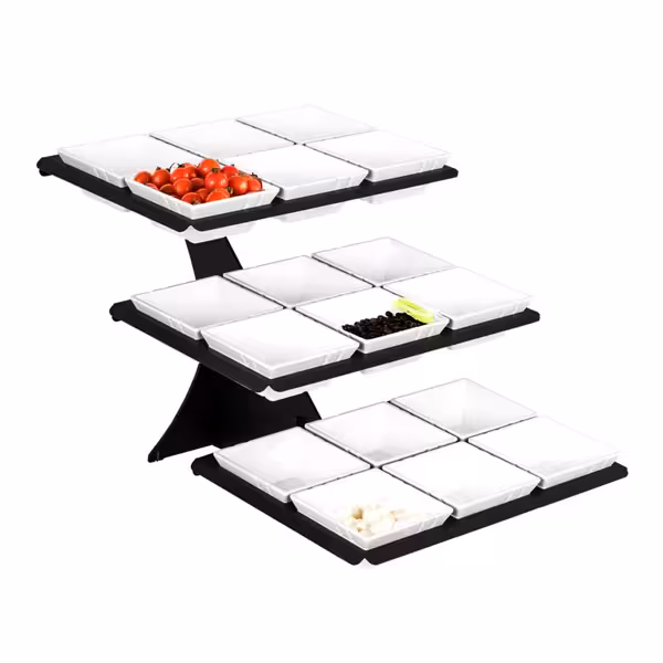 Etagere / Buffet Stand - Black - Height: 412mm - incl. 18 Melamine bowls 140x140mm - with 3 shelves - square - Powder-coated stainless steel & melamine