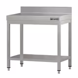 Mesa de trabalho em aço inoxidável ECO - 600x600mm - com prateleira inferior & com painel traseiro & com travessas de reforço