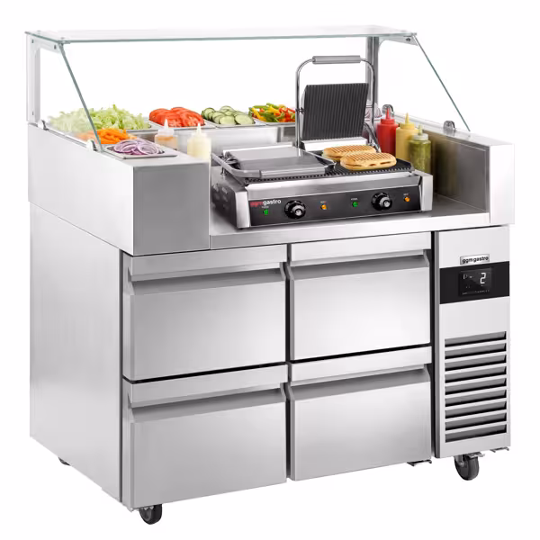 Zubereitungstisch - 1210mm - 4 Schubladen - für 9x GN 1/6 - inkl. Kontaktgrill