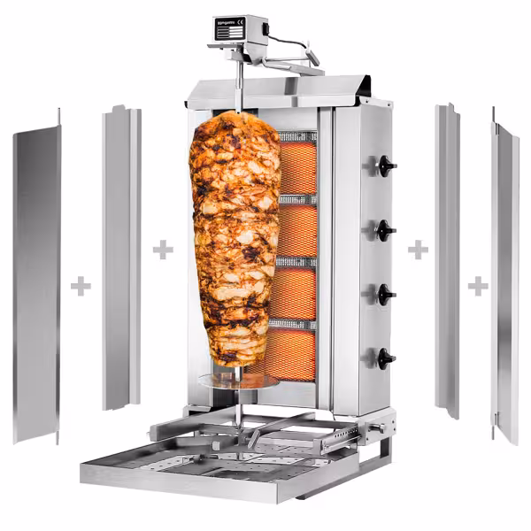 Gas Doner Kebab Grill (Shawarma/Gyros) - 4 Burner - up to 60kg - 13kW - Countertop - incl. 2 splash guards & 2 double doors