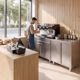 Tavolo armadiato in acciaio inox - 1600x600mm - con 4 porte a battente - con alzatina