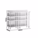 Baari-työpöytä - ruostumatonta terästä - 1400x400 mm - 4 hyllyä & ohjaustangoilla