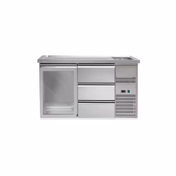 Frigider  pentru bere 1,5 x 0,7 m - cu 1 ușă din sticlă şi 3 sertare 1/3 + 1/3 + 1/3