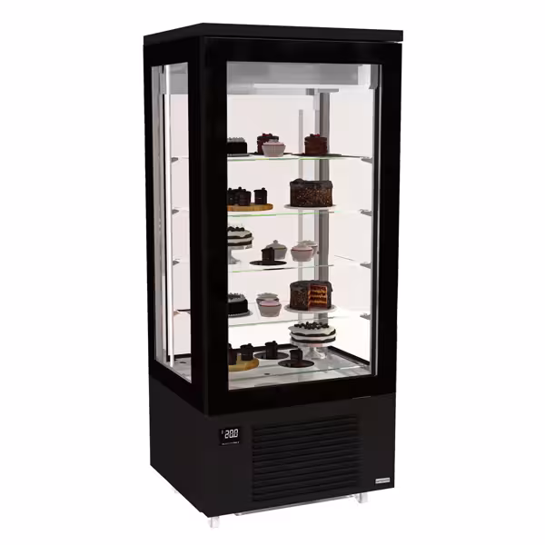 Vetrina Refrigerata Verticale 4 Lati Vetro – Panoramica Professionale - per pasticceria - 400l - 800mm - 1 porta a battente in vetro - vetro dritto - con 4 ripiani - 4 lati vetro; LED interni - Nero