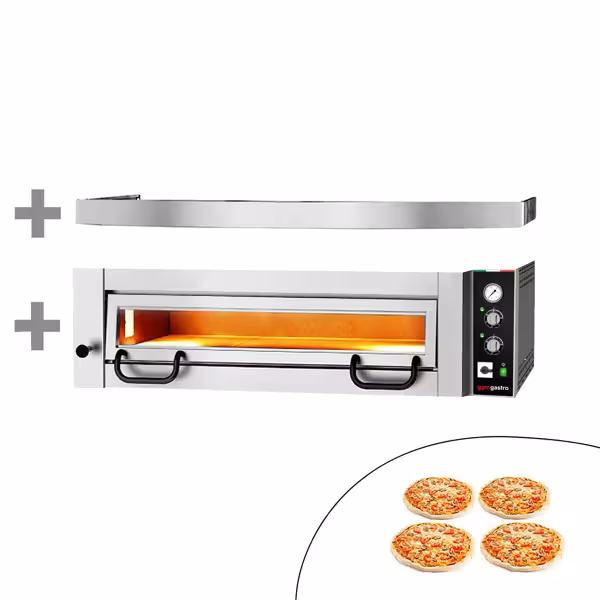 Elektrische pizzaoven (chamotte bakvloer) - 1112x1030x400mm - 1 kamer - 1x4 pizza’s Ø34cm - tot 450°C - Handmatig - incl. afzuigkap