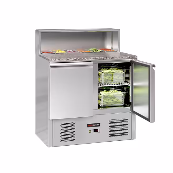 Commercial Saladette Prep Station ECO – 1-Door, GN 1/1 Well – 450 mm – +2 to +8 °C – Granite Top; Integrated 5×GN 1/6 Cool-Top; Black Front