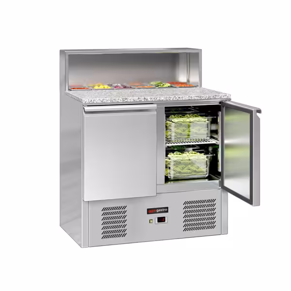 Saladette ECO - 903mm - zwart front - 2 deuren - met RVS deksel voor 5x GN 1/6 - granieten werkblad