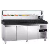 Commercial Pizza Prep Counter - Granite Top PREMIUM - 2000x800mm - with 3 doors - incl. refrigerated topping unit with glass sneeze guard LED - 9x GN 1/3