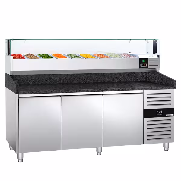 Pizzakylmäpöytä PREMIUM - 2025x800 mm - 3 ovea - sis. kylmävitriini lasisuojuksella LED-valaistuksella - 9 x GN 1/3 -astiaa