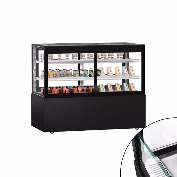 Vetrina pasticceria refrigerata MADRID - Self service - 530l - 1500mm - Doppio vetro - con 2 ripiani - LED interni; porte posteriori scorrevoli; incl. tenda notte; 4 lati vetro - Nero opaco