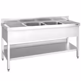 Fregadero de acero Inox. con estante inferior - 2,0 m - 2 fregaderos en el centro A 40 x P 40 x A 25 cm 