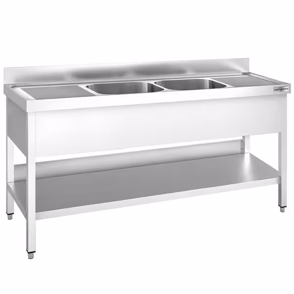 Stainless Steel Commercial Sink Unit PREMIUM - 2000x600mm - with Double Bowl Centre - with Undershelf - with Upstand