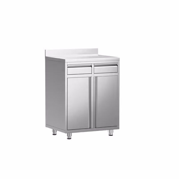 Arbetsbänk med skåp i rostfritt stål - 800x600 mm - med 2 slagdörrar, 2 lådor