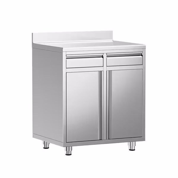 Koffiemachine onderkast RVS werkkast KOPENHAGEN - 800x600mm - met 2 deuren, 2 laden - met achteropstand