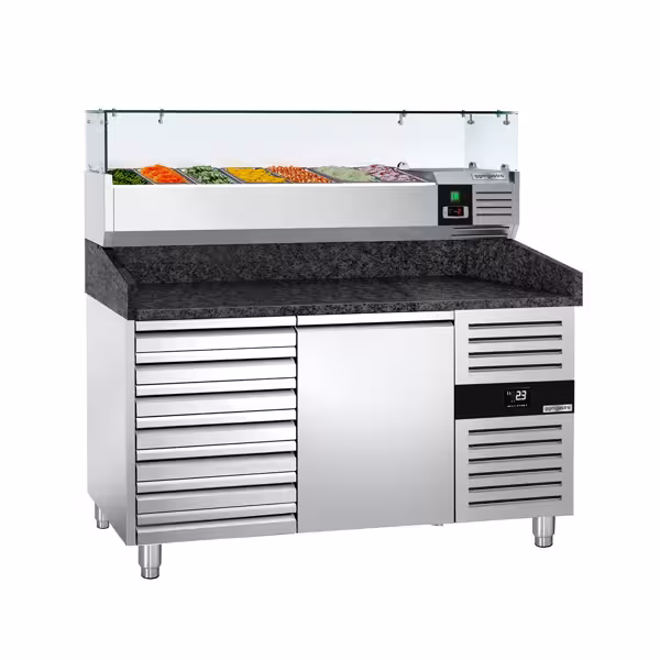 Commercial Pizza Prep Counter - Granite Top PREMIUM - 1500x800mm - with 1 doors & 7 drawers - incl. refrigerated topping unit with glass sneeze guard - 6x GN 1/3