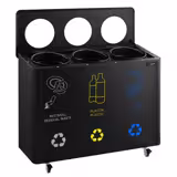 Ecoponto - em rodas - 3 compartimentos de 25L cada - 960x640x360mm - com rodas - 2 rodas com travão, autocolantes de separação incluídos - Preto - Aço (estrutura) & Plástico (recipientes)