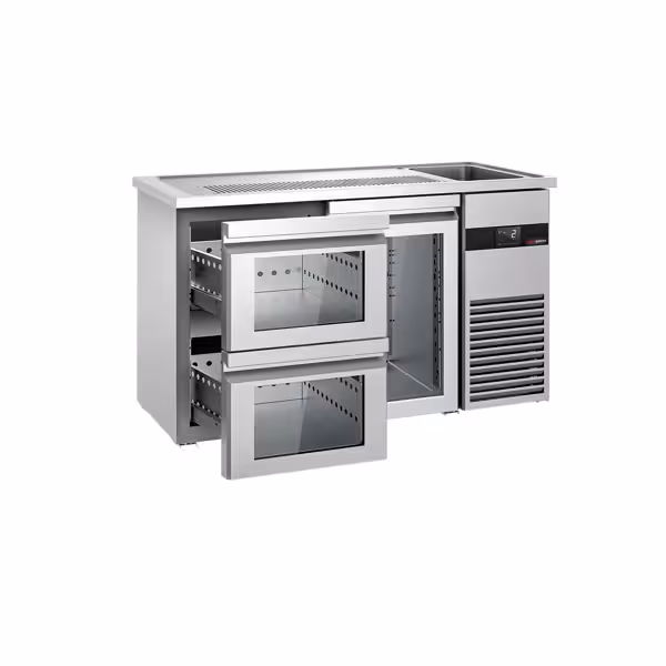 Barowy Stół Chłodniczy PREMIUM - 1550x700mm - 1 szklane drzwi & 2 szklane szuflady	
