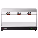 Plaque de maintien en température professionnelle en acier inoxydable avec surface en verre trempé - 1035mm - 1x GN 1/1 - 1,5kW - avec pont chauffant infrarouge - 3 lampes chauffantes infrarouges - avec pare-haleine en verre