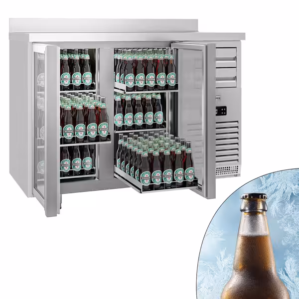 ثلاجة مشروبات PREMIUM PLUS - SUPERCOOLER - 1475x700mm - 440 لتر - مع 2 أبواب زجاجية مفصلية، 6 أدراج قابلة للسحب & حاجز خلفي - ستانلس ستيل