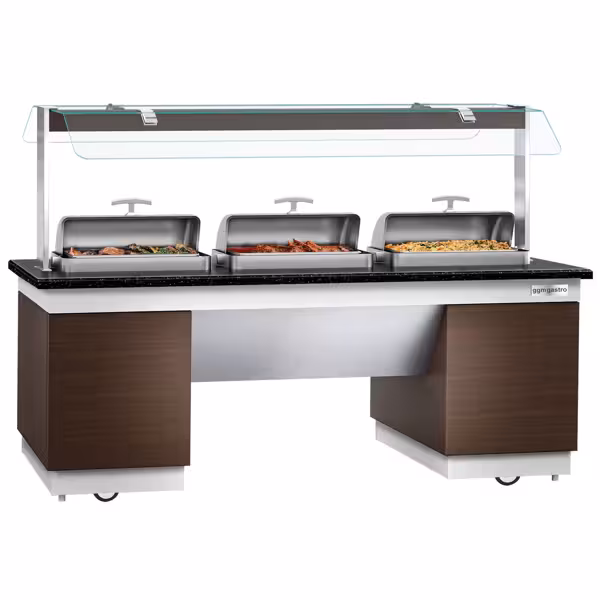 Buffet chaud DUBLIN - 2300mm - avec 3 Chafing Dishes - sur roulettes