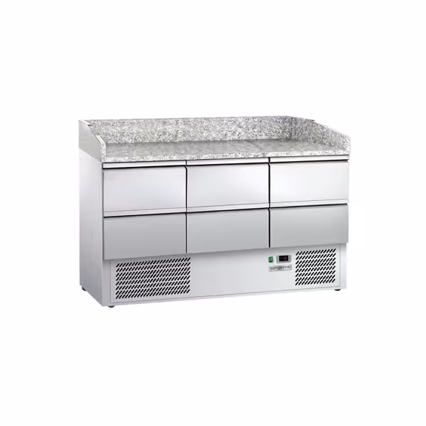 Mesa pizzera refrigerada ECO - 1400x700mm - encimera de granito - con 3 puertas ciegas y 6 cajones