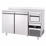 Mesa frigorífica para bar e bebidas PREMIUM - 1580x600mm - 365 L - com 2 portas de batente em inox, alçado traseiro e batente para borras