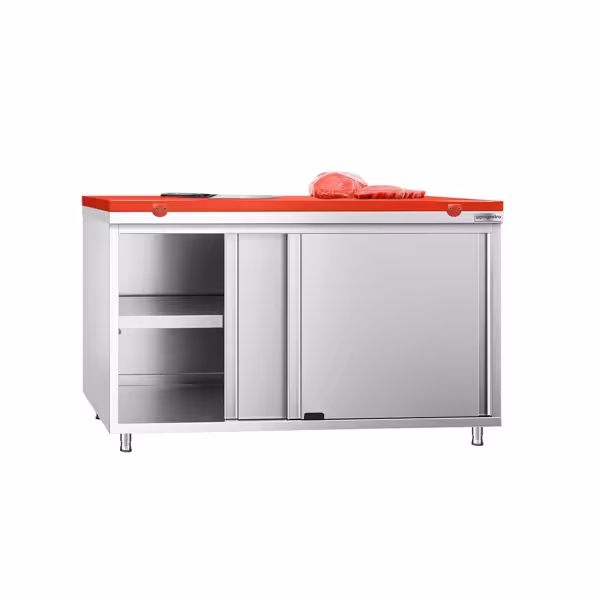 Armoire de travail en inox PREMIUM – 1400 × 800 mm – avec porte coulissante – incl. planche à découper rouge