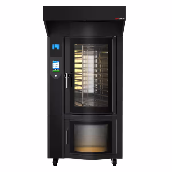 Roterende Bakkerij heteluchtoven met vochtinjectie - Touchscreen - 10x EN 600x400 - Zwart - incl. afzuigkap & rijskast