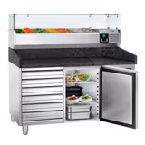 Table réfrigérée à pizza PREMIUM - 1500 x 800 mm - avec 1 porte et 7 tiroirs - incl. vitrine réfrigérée - 6 x GN 1/3