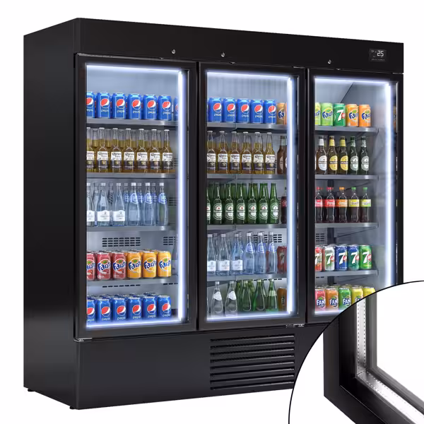 Commercial multideck display fridge - 2081mm - 2030L - with 3 double‑glazed hinged glass doors & 8 shelves - Black