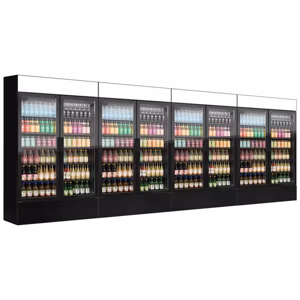 (4 pcs) Commercial Upright Glass Door Display Fridge with Illuminated Canopy - 4800mm - 4800 Litres - with 8 hinged glass doors - LED lighting - Black - Temperature range 1 to 10 °C