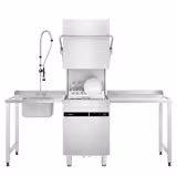 Máquina de lavar loiça de capota - Tátil - 9,66kW - incl. Lava-loiça industrial em inox lado esquerdo, mesa de preparação lado direito - com bombas doseadoras de detergente e abrilhantador e bomba de drenagem
