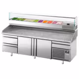 Banco pizza refrigerato PREMIUM PLUS - 2305x800mm - con 2 porte & 2 cassetti - piano in granito - con vetrina ingredienti refrigerata superiore - 11x GN 1/4