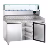 Commercial Pizza Prep Counter - Granite Top PREMIUM - 1500x800mm - with 2 doors - incl. refrigerated topping unit with glass sneeze guard LED - 5x GN 1/3 + 1x GN 1/2