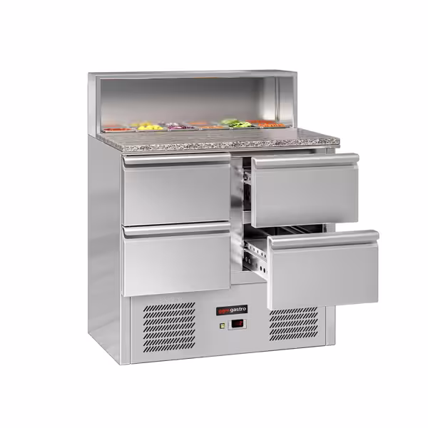 Frigorifico Saladette / mesa de preparação ECO 0,9 m x 0,7 m - com 4 gavetas 1/2