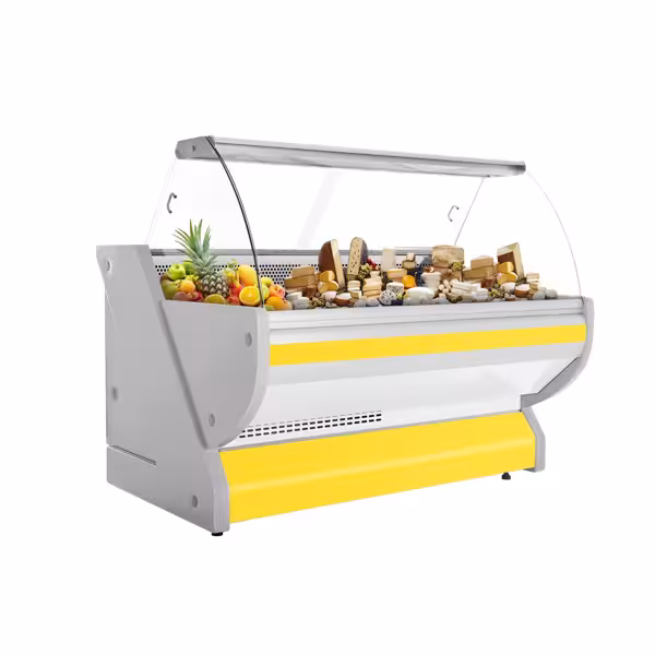 Banco gastronomia professionale / Banco Macelleria - 2025x1150mm - Statica - 400 L - Vetro curvo - Colore Giallo - Pannello frontale Giallo - Sportelli posteriori 2 scorrevoli - piano di lavoro in granito - servizio assistito