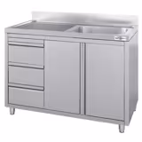 Spoelkast - RVS - 1200x600mm - 3 laden - met 1 spoelbak rechts