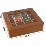 صندوق شاي خشبي لأكياس الشاي - 12 أقسام - بغطاء مع نافذة شفافة - بدون نقش - بني داكن