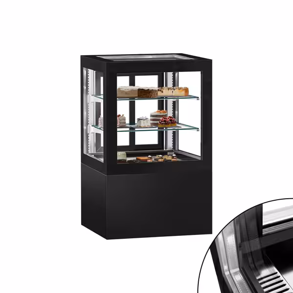 Vetrina pasticceria refrigerata [ per pasticceria] - 370l - 810mm - Doppio vetro - con 2 ripiani - 4 lati vetro; porte posteriori scorrevoli; LED interni; display digitale; sbrinamento automatico - Nero