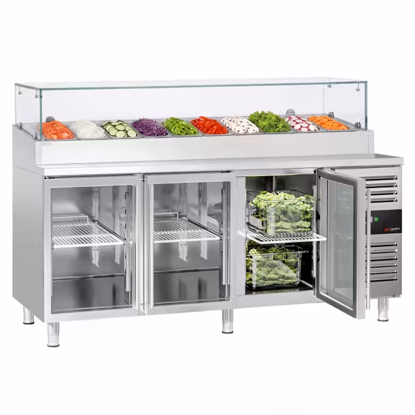 Zubereitungstisch PREMIUM - 2020mm - 3 Glastüren - mit Glasaufsatz - für 10x GN 1/3