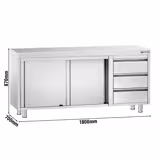 Työkaappi PREMIUM ruostumattomasta teräksestä - 1800x700mm - 3 laatikkoa oikealla ja ilman jalustaa
