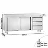 Table armoire en acier inoxydable PREMIUM - 1800x700mm - avec 3 tiroirs à droite et portes coulissantes